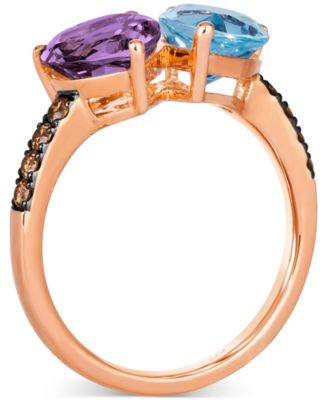 Blue Topaz (2 ct. t.w.), Amethyst (1-1/4 ct. t.w.) & Chocolate Diamond (1/5 ct. t.w.) Ring in 14k Rose Gold