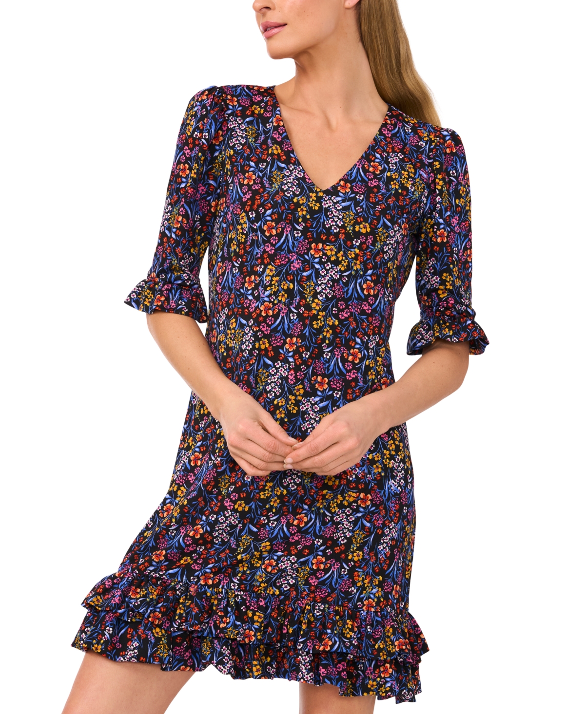 CeCe Women's V-Neck Ruffled Ditsy-Print Shift Dress