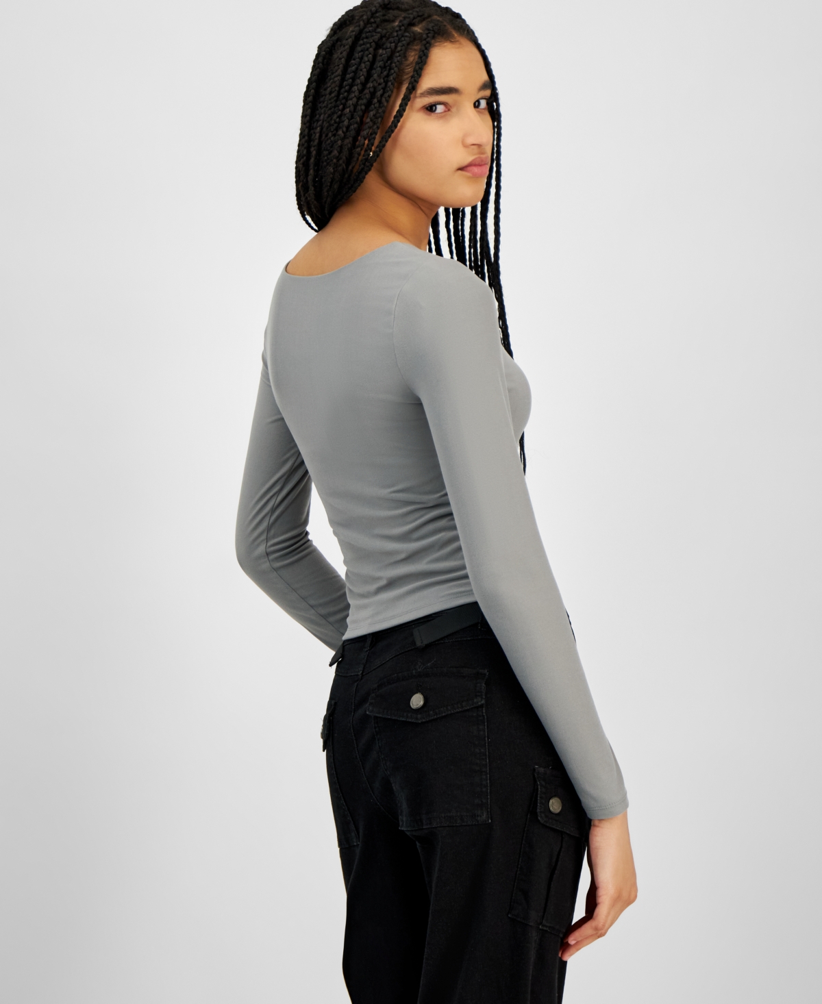 Hippie Rose Juniors' Soft Stretch Double-layer Long-sleeve Top In Grey Hawk
