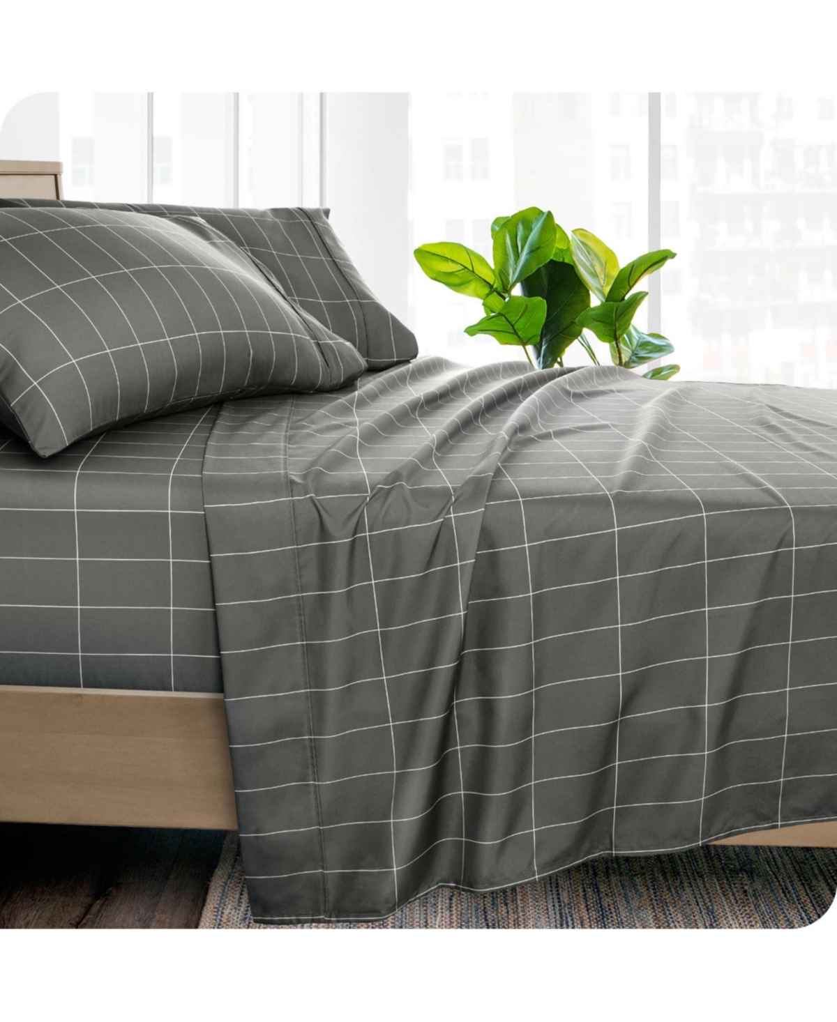 Bare Home Ultra-Soft Double Brushed Flat Top Sheet - Grid - grey/white