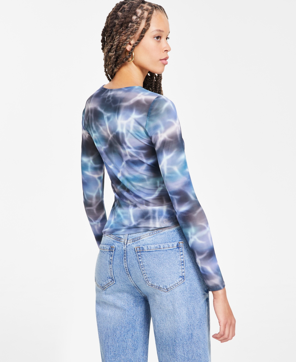 Bar Iii Trendy Plus Printed-mesh Long-sleeve Ruched Top, Exclusively At Macy's In Ombre Wave
