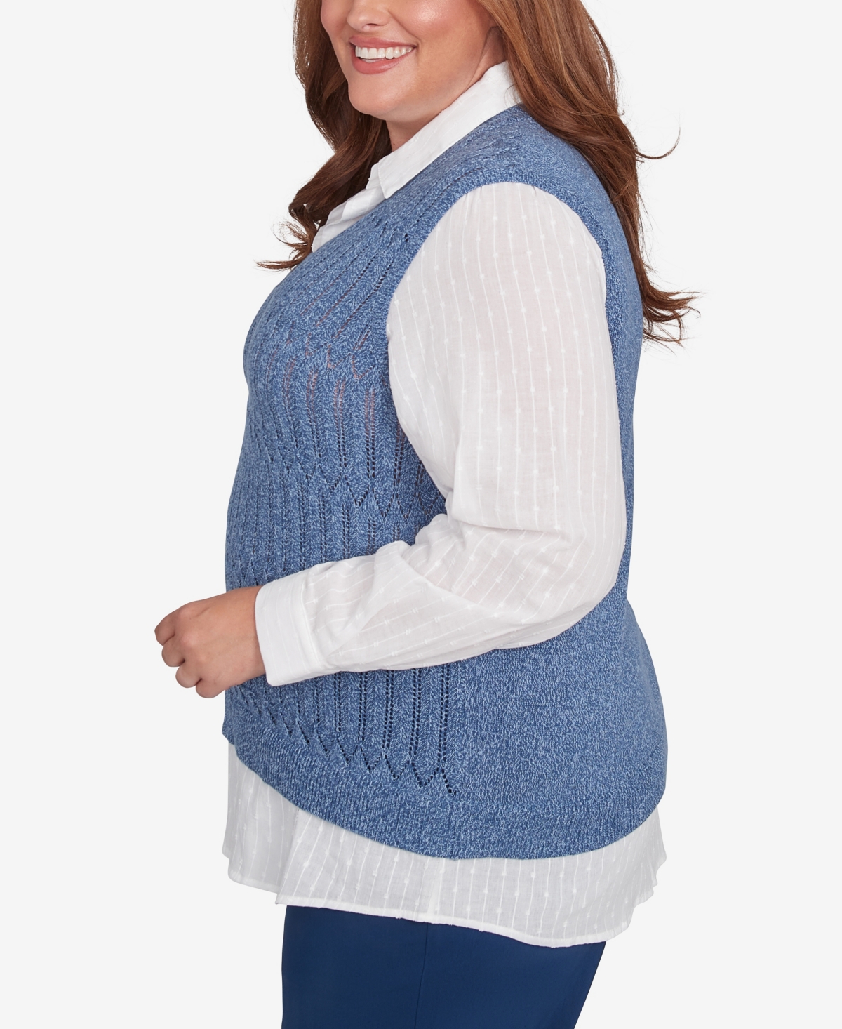 Alfred Dunner Plus Size Lake Victoria Collared Vest Two In One Sweater In Blue
