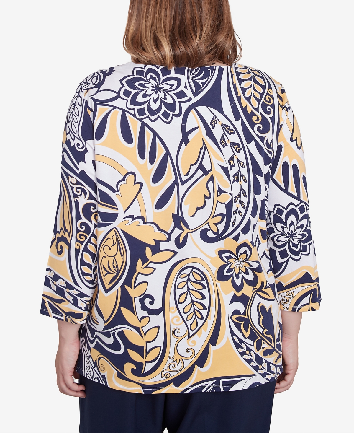 Alfred Dunner Plus Size Block Island Dramatic Paisley Crew Neck Top In Multi Yellow