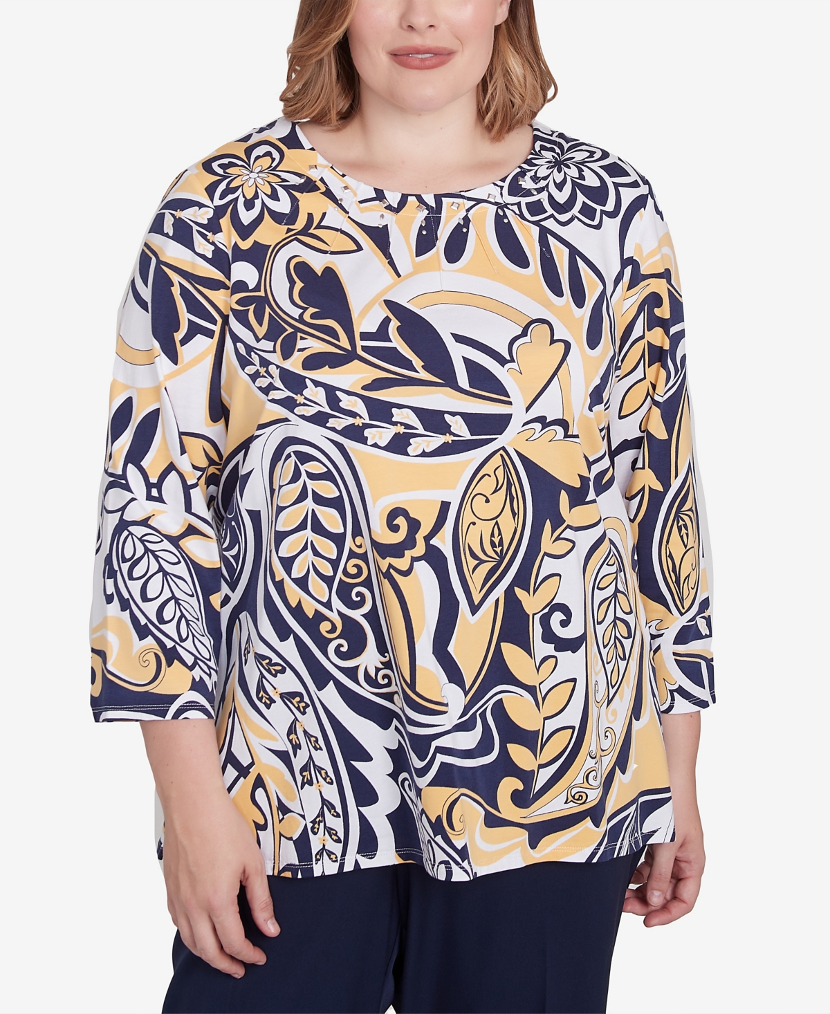 Alfred Dunner Plus Size Block Island Dramatic Paisley Crew Neck Top In Multi Yellow