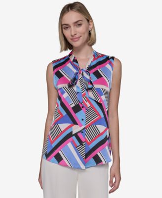 KARL LAGERFELD PARIS - Women's Crepe Geo-Print Tie-Neck Blouse
