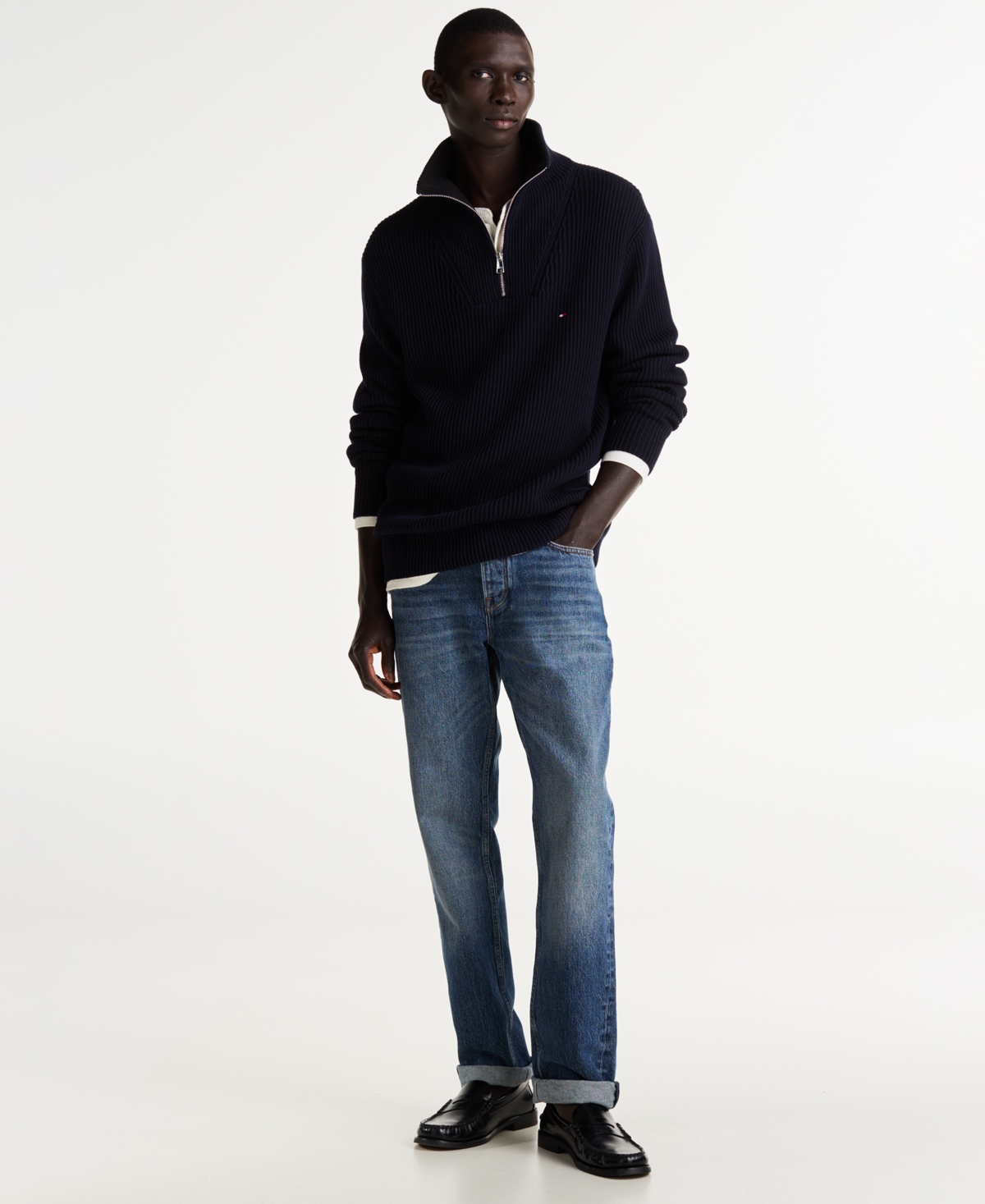 Men's Nautical Chunky Ribbed Quarter-Zip Sweater