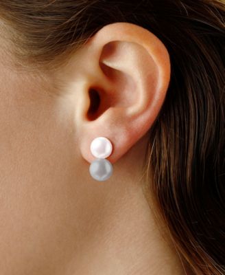 Two Tone Pearl (8.5mm) Front & Back Earrings in 14K Yellow Gold