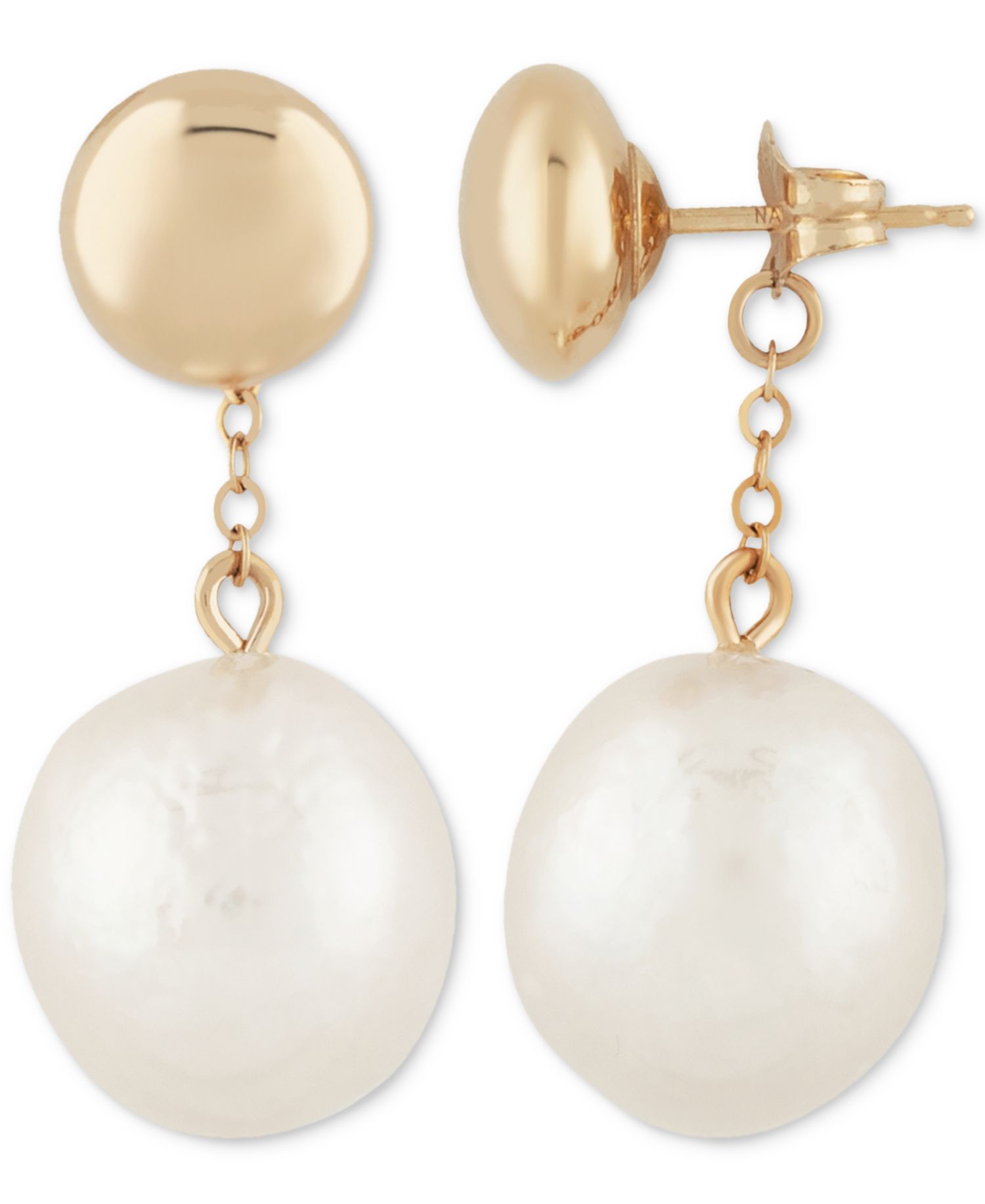 White Baroque Pearl (12mm) Flat Ball Drop Earrings in 14k Yellow Gold