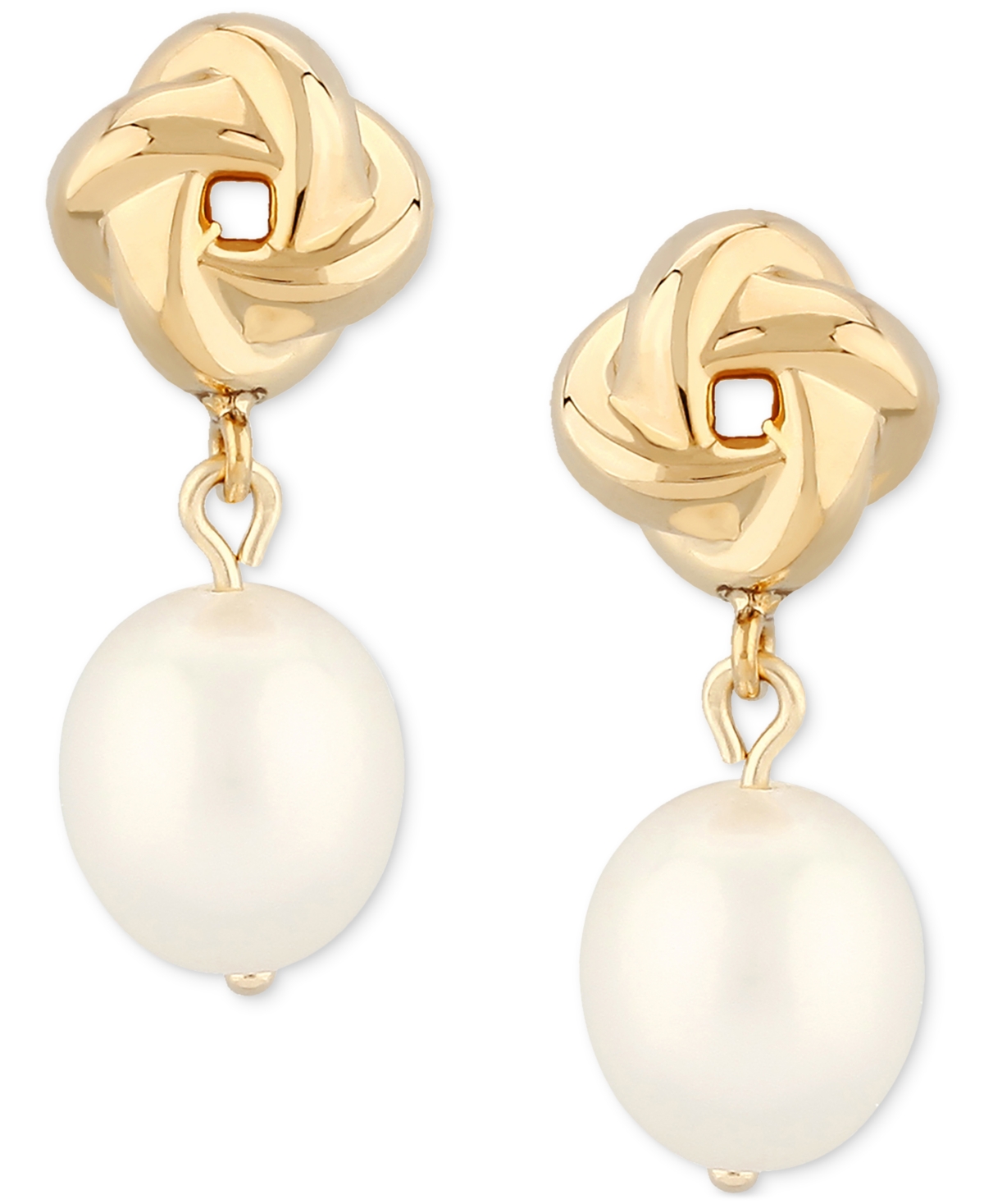 Macy's Love Knot White Pearl (8mm) Drop Earrings in 14k Yellow- Gold