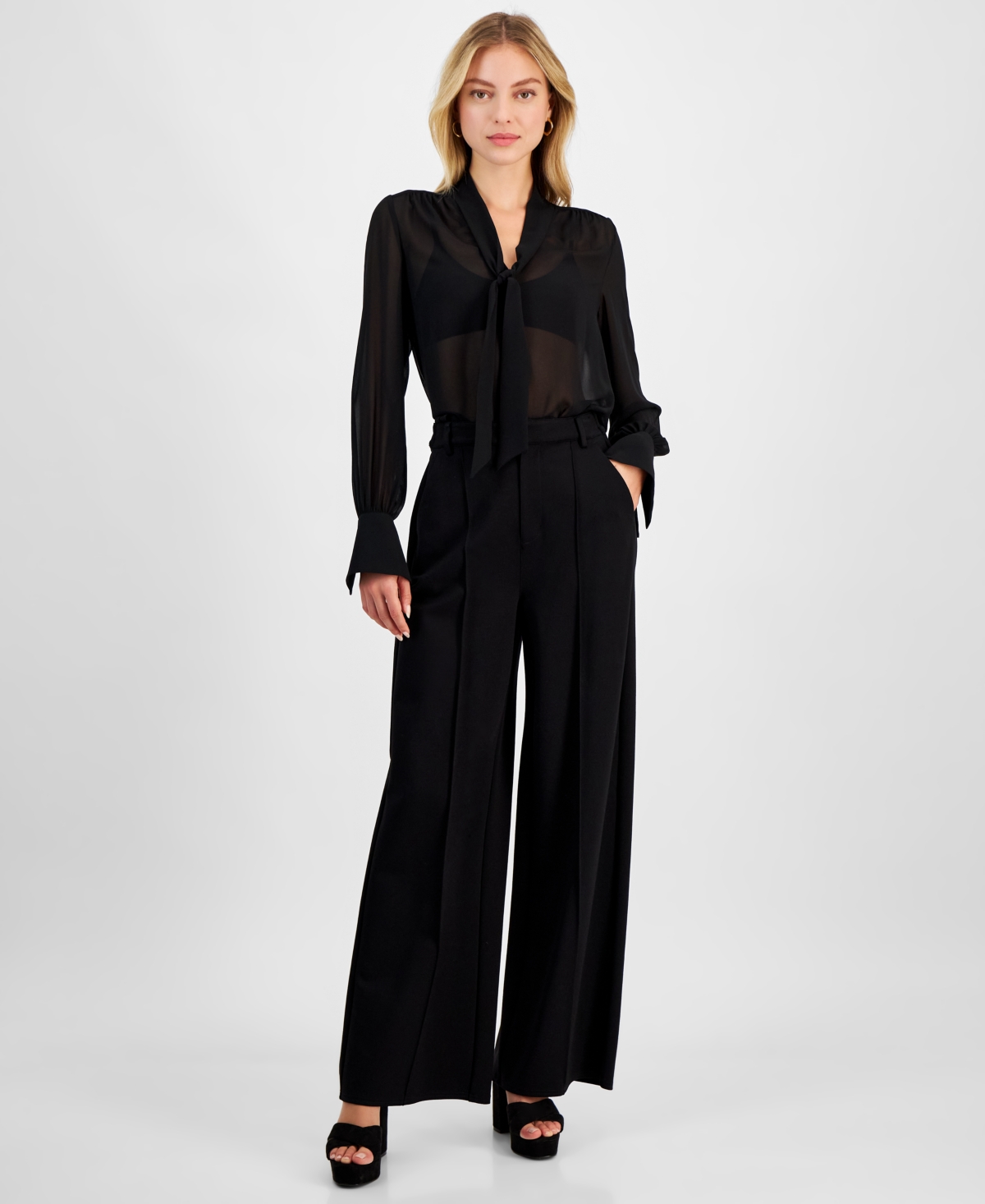 French Connection Women's Sheer Eden Long Sleeve Tie Neck Blouse
