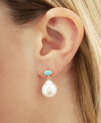 Turquoise & Cultured Freshwater Baroque Pearl (12mm) Drop Earrings in 14k Yellow Gold