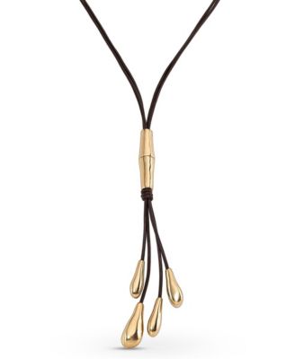 Long Leather Whip and Gold Plated Drop Necklace