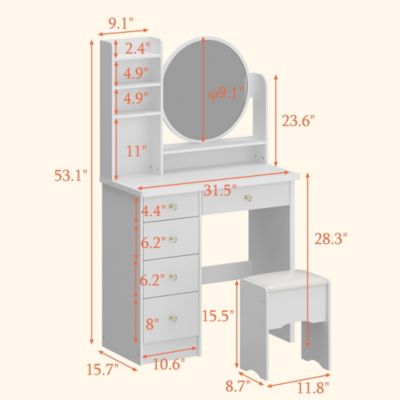 1 Pc Pink Wood 5-Drawer Vanity Set with Mirror, Stool & Storage Shelves – Dressing Table