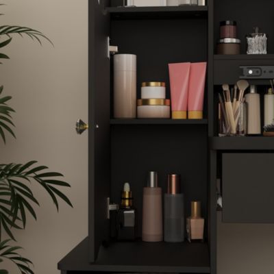 4-Drawer Vanity Set – Wood Makeup Table with LED Sliding Mirror, Stool, Cabinet & Shelves