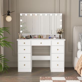 Homsee Modern Makeup Vanity Desk 9 Drawers Wood Dressing Table