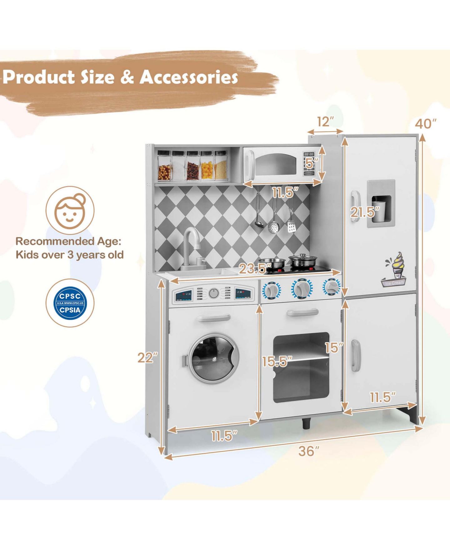Детский игровой набор Costway Lights & Sounds Ice Maker Kitchen Playset, от 3 лет, цвет: Белый — фото 3