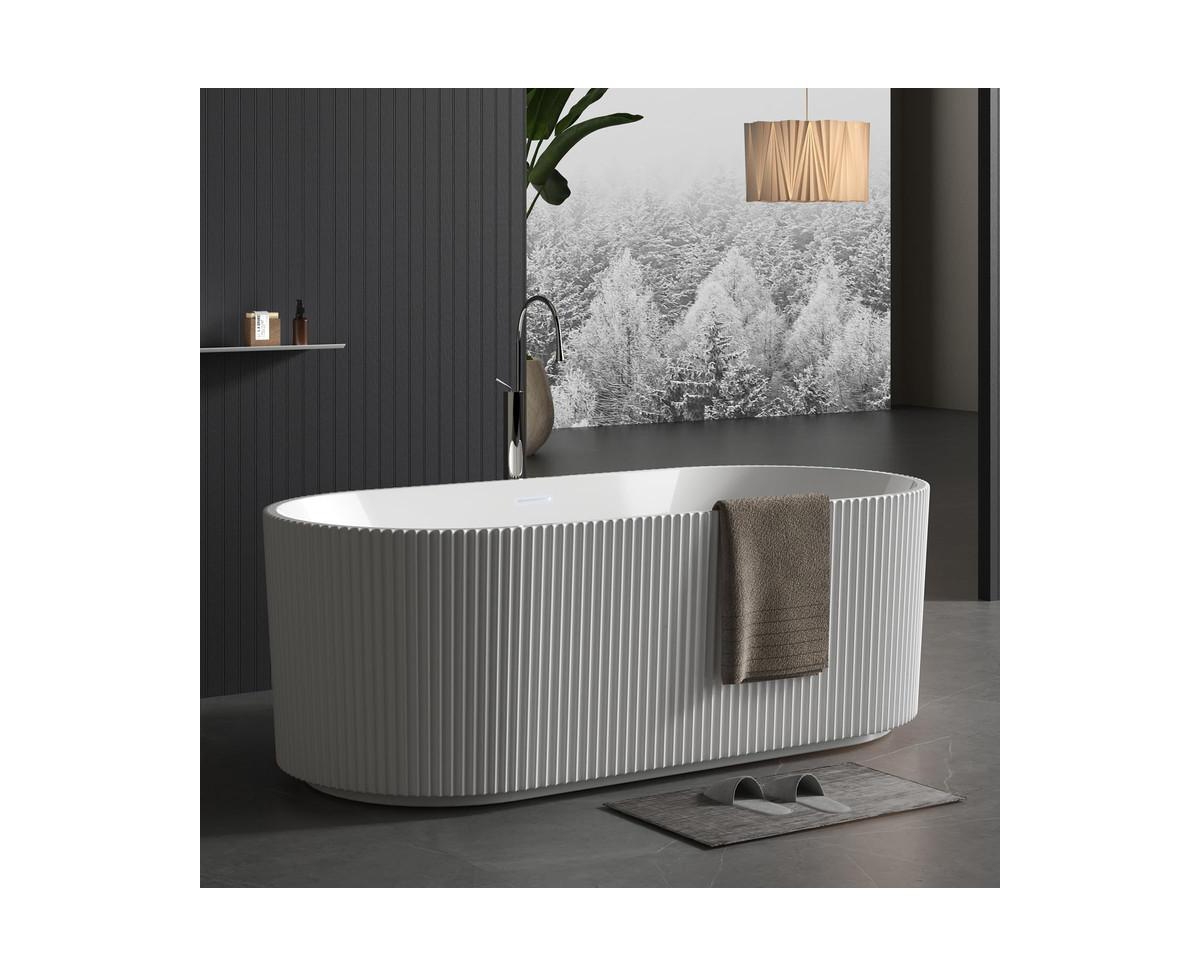 59" Acrylic Freestanding Bathtub, V Shape Freestanding Soaking Acrylic Bathtub, Unique Pleated Design With Chrome Drain and Classic Slotted Ove
