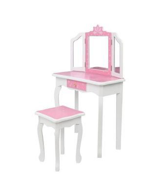 Children's Wooden Dressing Table with Three-Sided Folding Mirror, Chair, and Single Drawer in Blue Snowflake Style