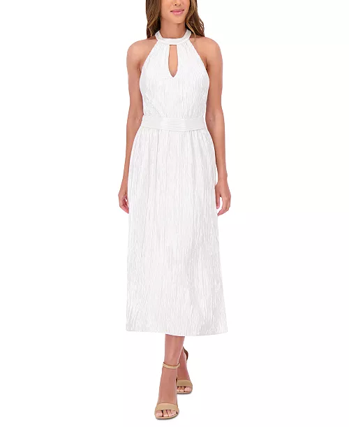 women's metallic pleated keyhole-cutout maxi dress