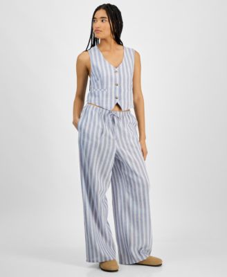 Juniors' Striped Wide-Leg Drawstring Linen-Blend Pants