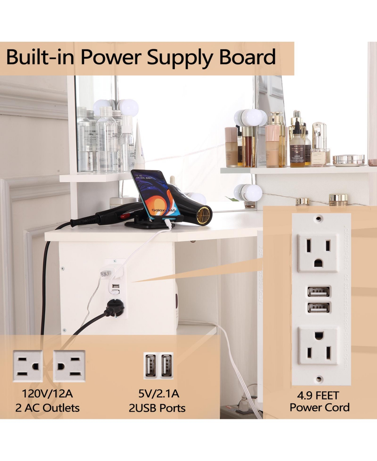 gaomon Corner Makeup Vanity Desk With Lights, Power Outlet, And Rotating Drawers-3 Color Lighting, Adjustable Brightness, Shelves, Stool - Ideal Dress