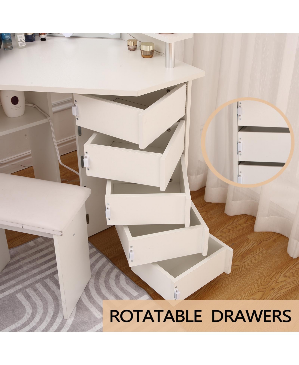 gaomon Corner Makeup Vanity Desk With Lights, Power Outlet, And Rotating Drawers-3 Color Lighting, Adjustable Brightness, Shelves, Stool - Ideal Dress