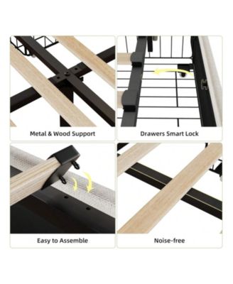 Upholstered Bed Frame with Headboard and 4 Storage Drawers - Platform Bed with Charging Station & Wingback Design, No Box Spring Needed, Noise-Free, Easy Assembly