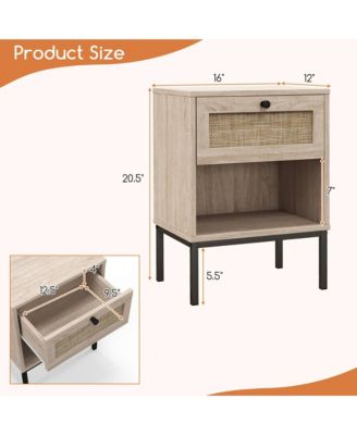 2PCS Rattan Nightstand Boho End Table w/ Drawer & Open Shelf for Living Room Oak