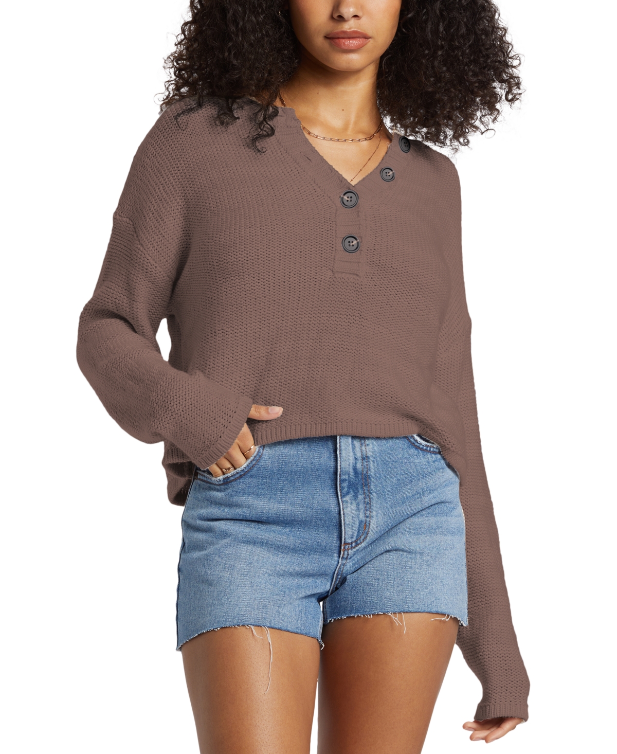 Shop Billabong Juniors' Shallow Waters Long-sleeve Henley Sweater Top In Kona