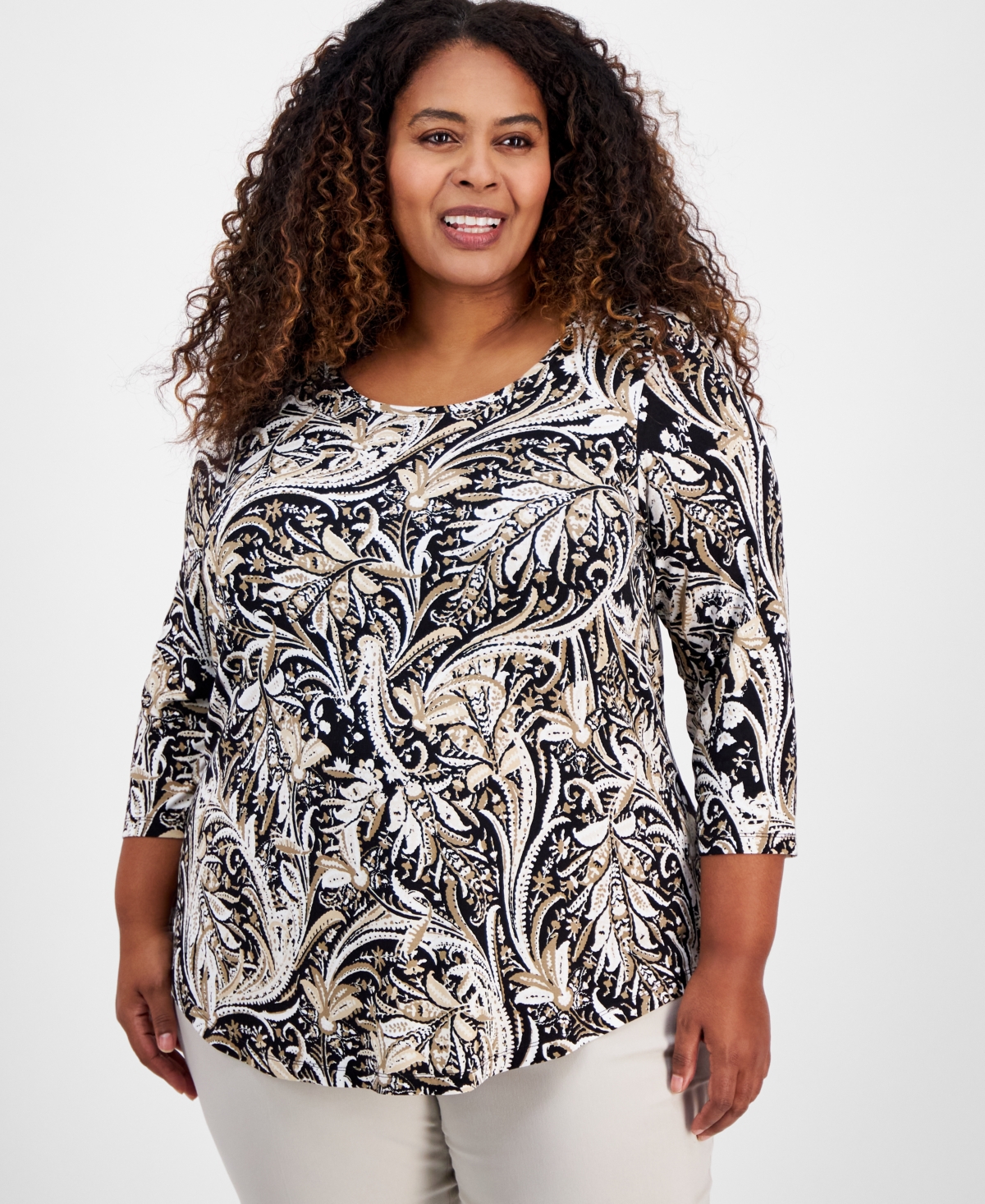 JM COLLECTION PLUS SIZE 3/4-SLEEVE TOP, EXCLUSIVELY AT MACY'S 