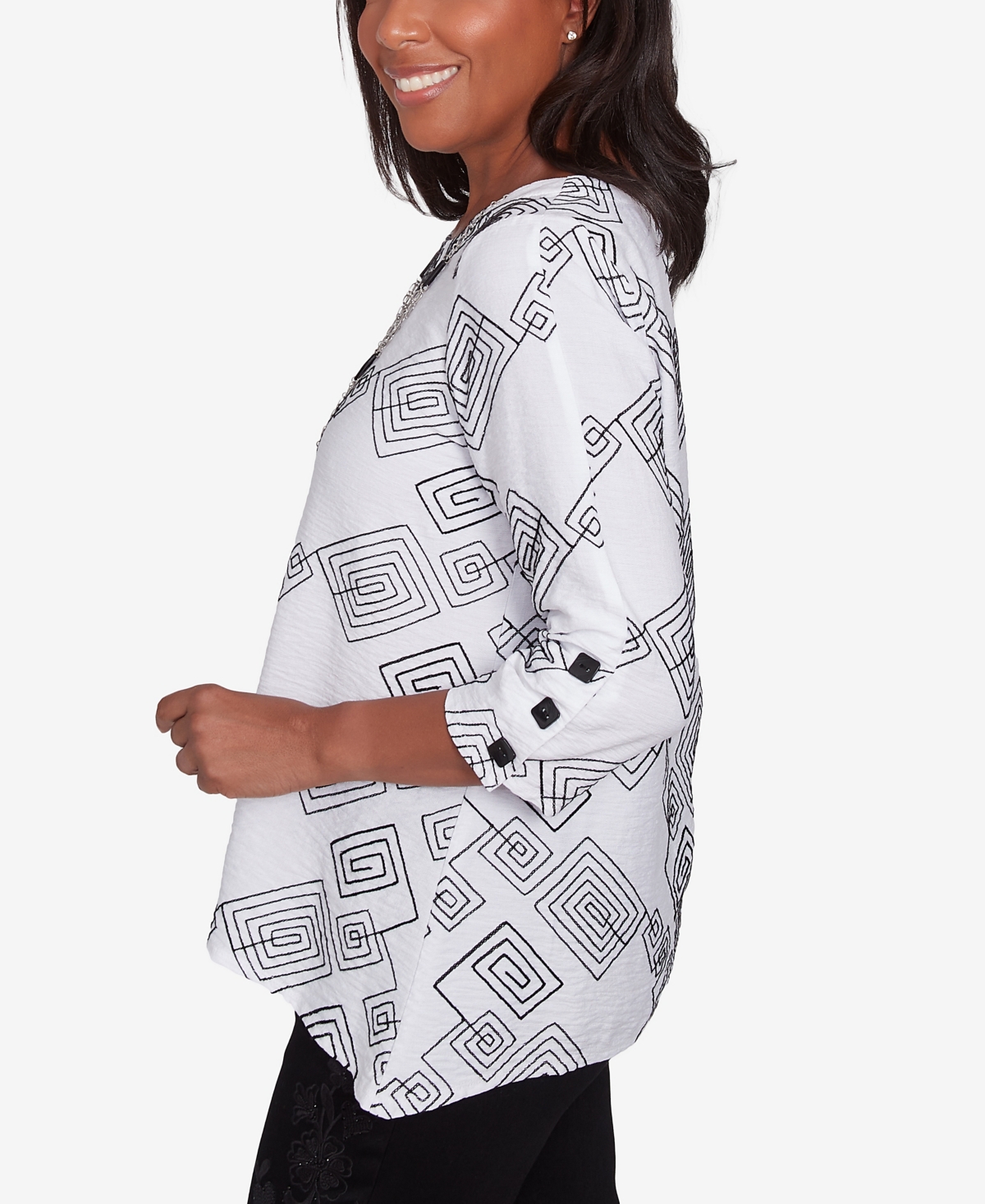 Alfred Dunner Women's Wild at Heart Geometric Woven Top with Necklace -White