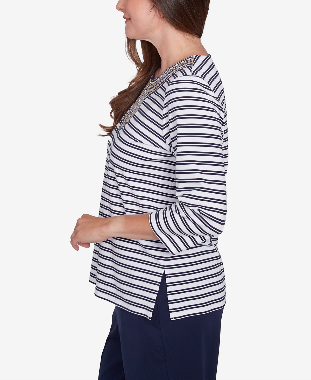 Alfred Dunner Plus Size Block Island Striped Top With Embroidered Neckline In Navy Multi