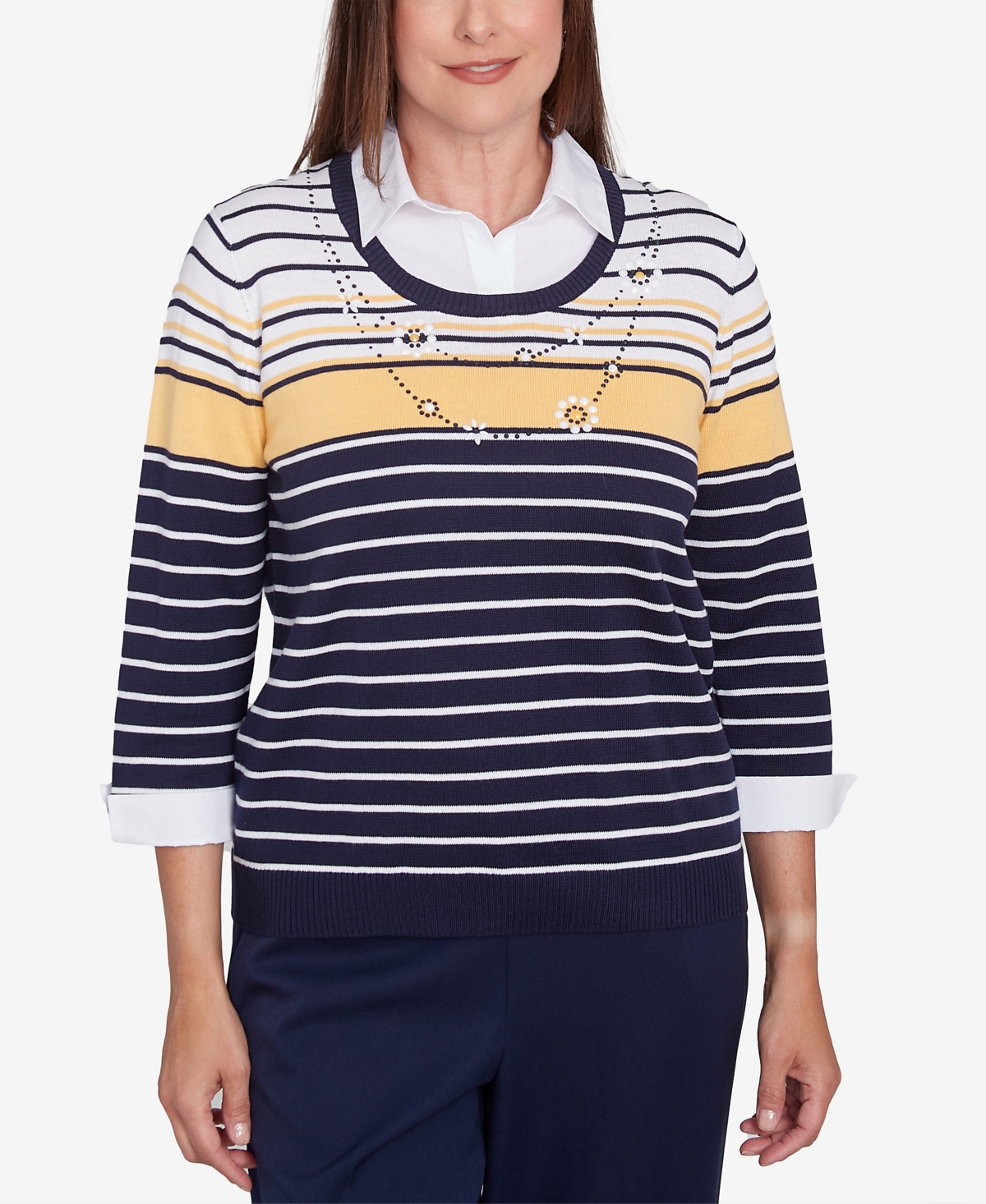 Women's Block Island Striped Two in One Collared Sweater with Necklace - Navy Multi