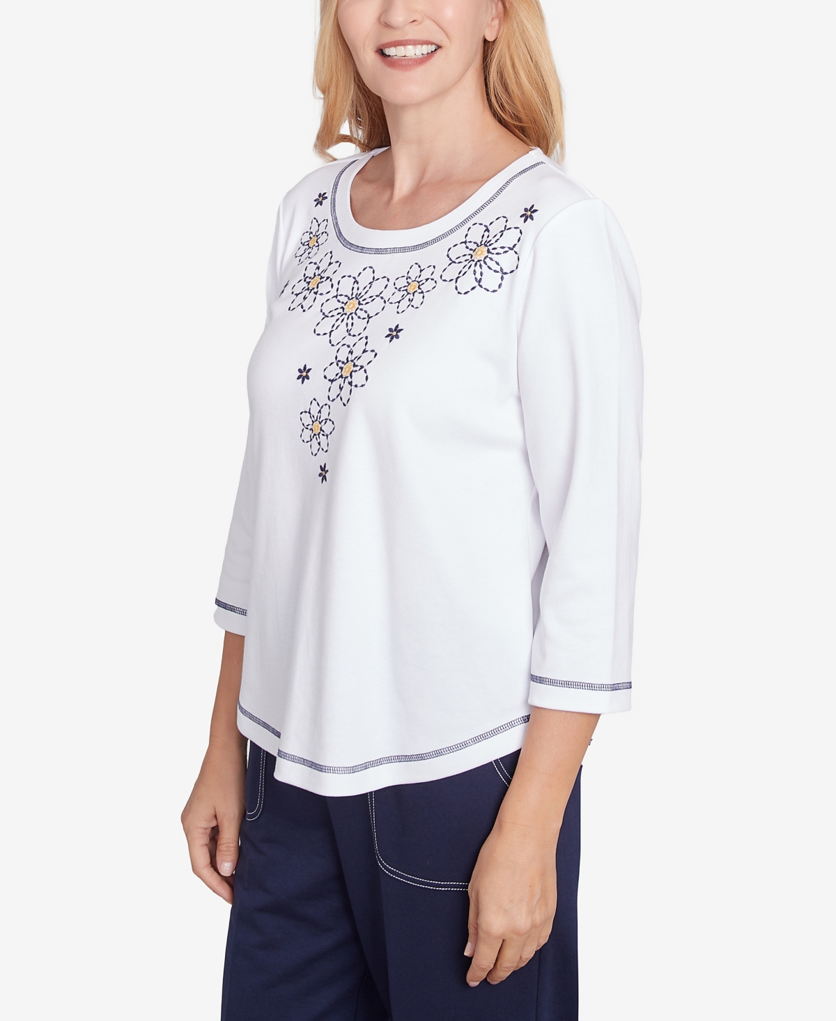 Alfred Dunner Women's Block Island Floral Embroidered Neckline Three Quarter Sleeve Top