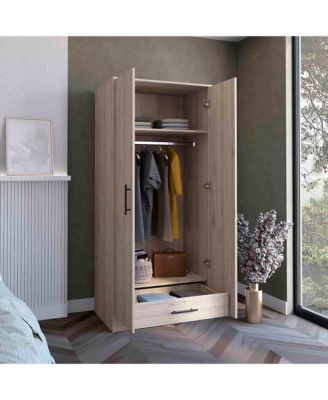 Darwin 180 Armoire, Double Door Cabinets, Metal Rod, Metal Handle, Two Shelves, One Drawer, Light Gray