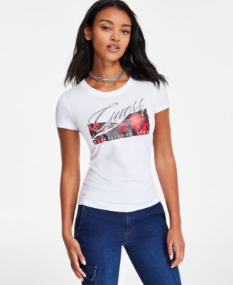 GUESS - Women's Rose Graphic Rhinestone Crewneck Tee