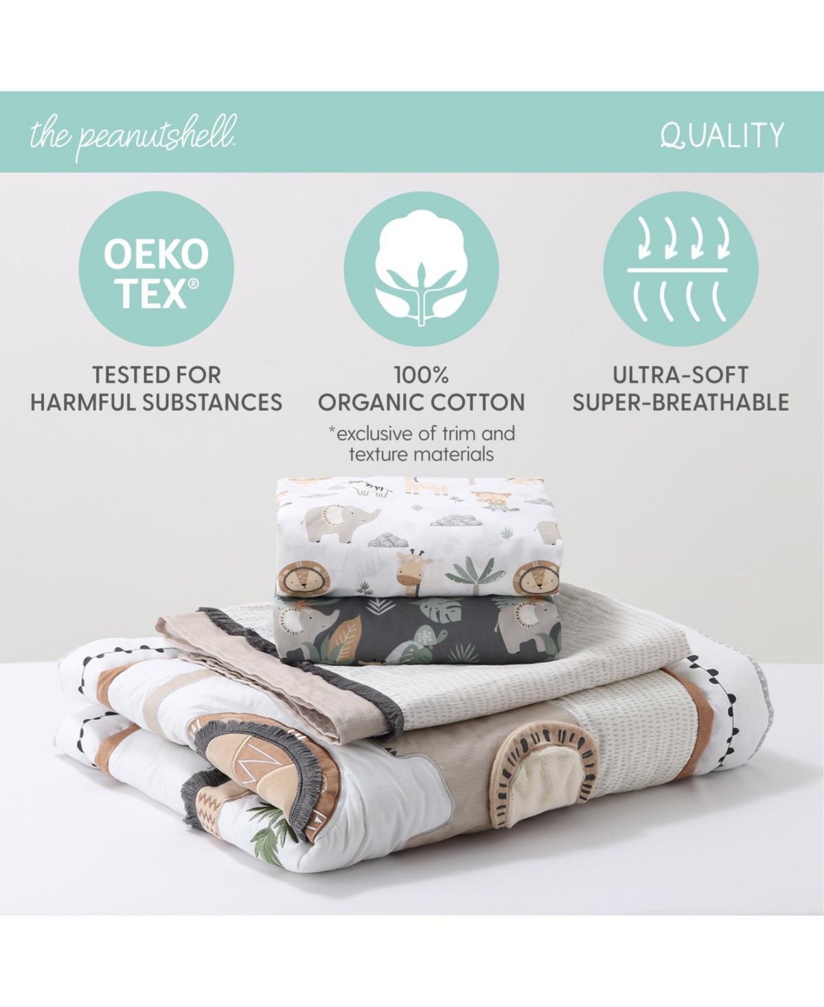 The Peanutshell Safari Serenity Cotton Crib Bedding Set for Baby Boys and Baby Girls, 4 Pieces