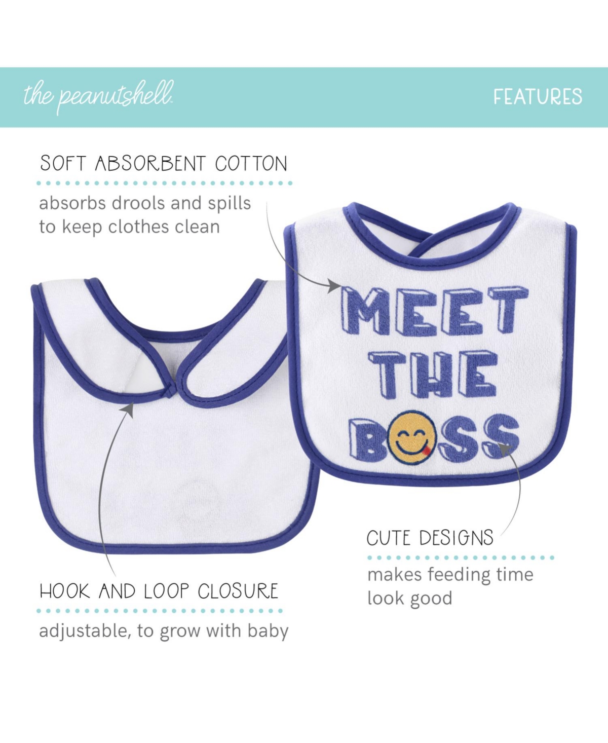 The Peanutshell Baby Boys Oh Boy! Terry Bib 10 Pack Set, Feeding, Teething, Drooling -blue/white