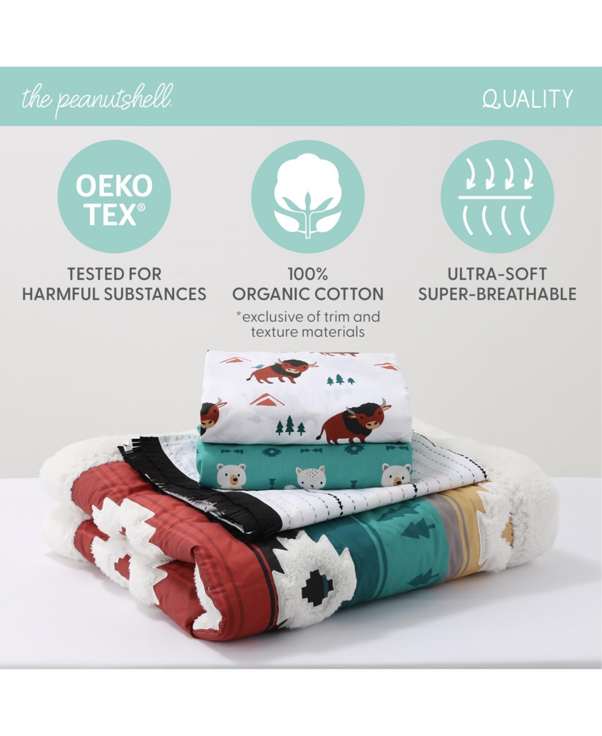 The Peanutshell Western Woods Organic Cotton Bedding Set for Baby Boys, 4 Pieces -rust/teal