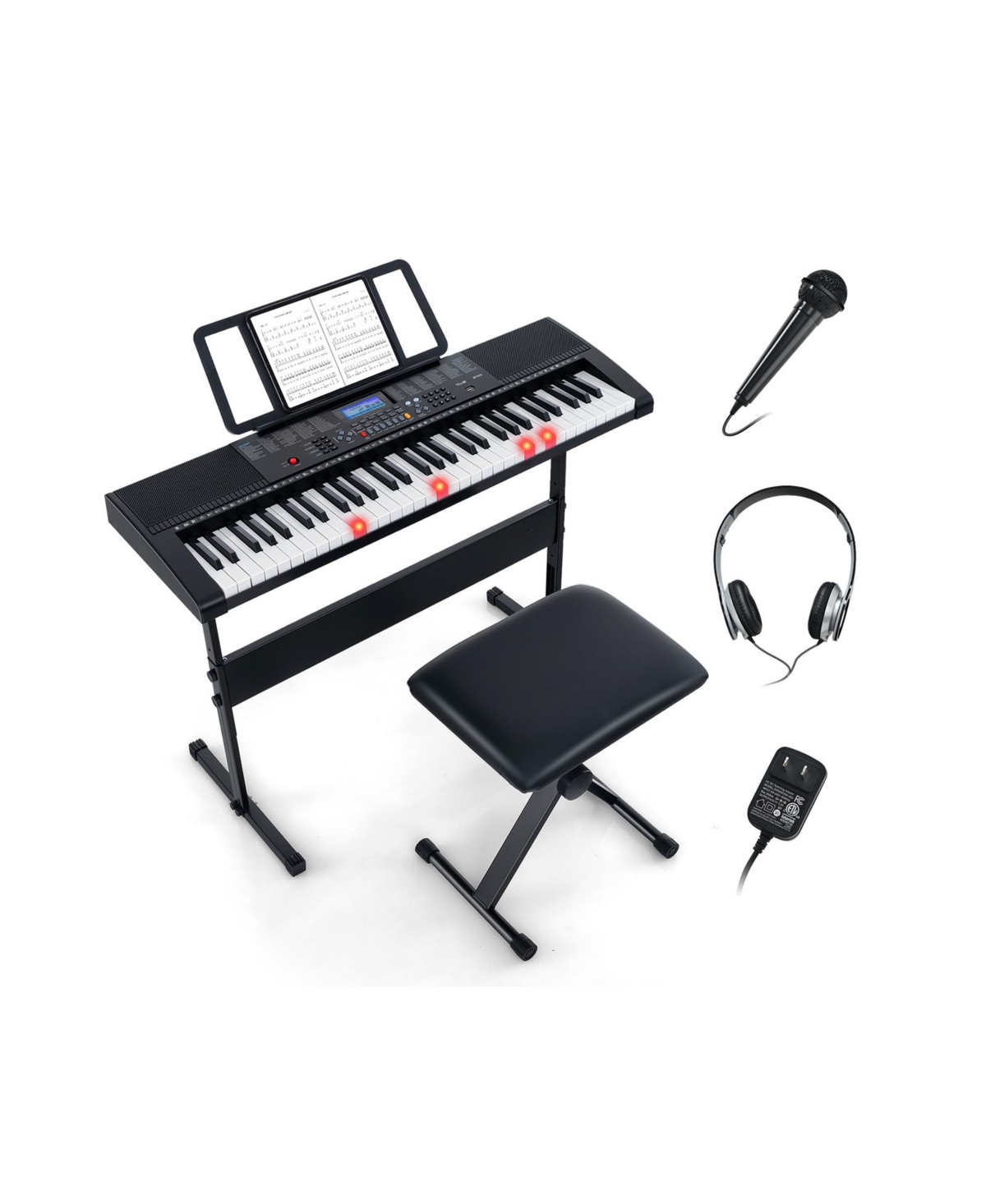 Hongge 61-Key Portable Electronic Keyboard Piano with Stand and Stool - Black