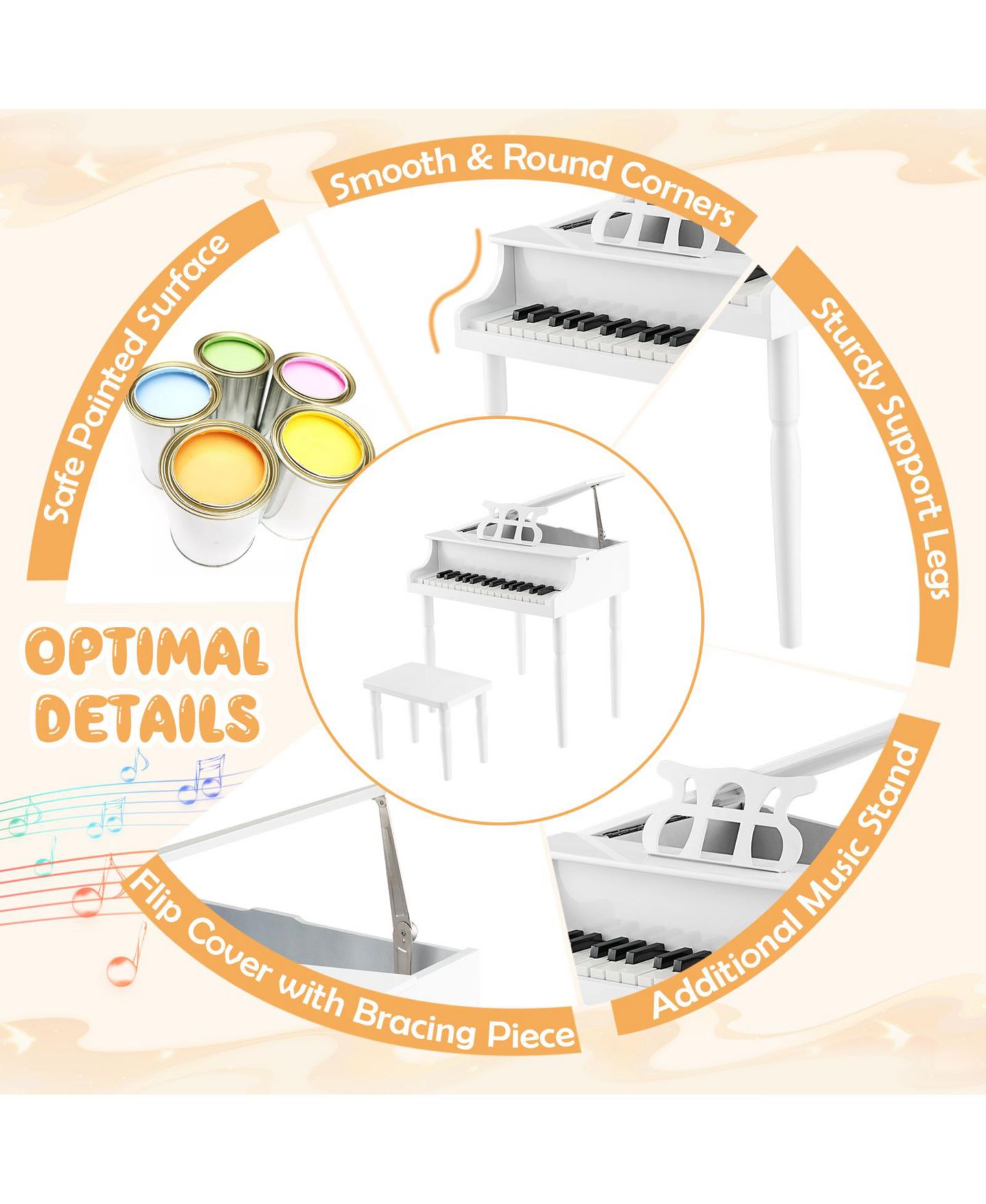 Детские игрушки HONGGE 30-Key Wood Toy Grand Piano Music Learning, 3-Piece Set, Ages 3-9 — фото 4