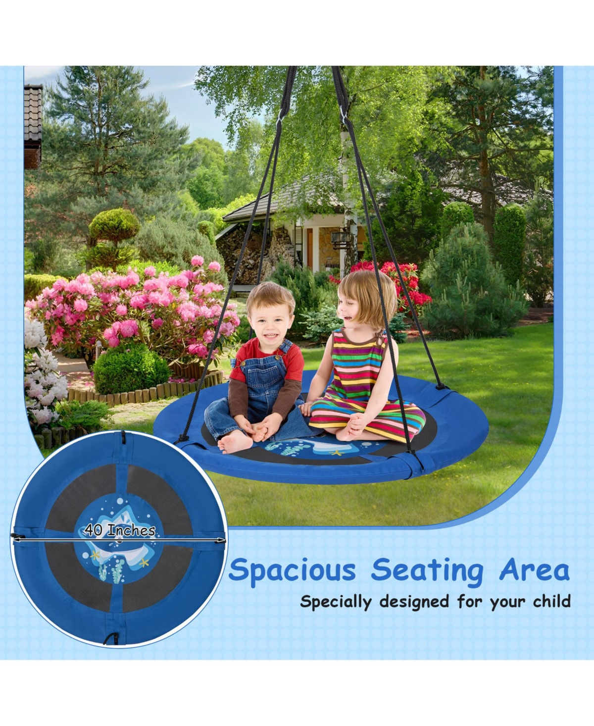 Hongge Inches Saucer Tree Swing with Adjustable Hanging Ropes and 900D Oxford Fabric-Whale