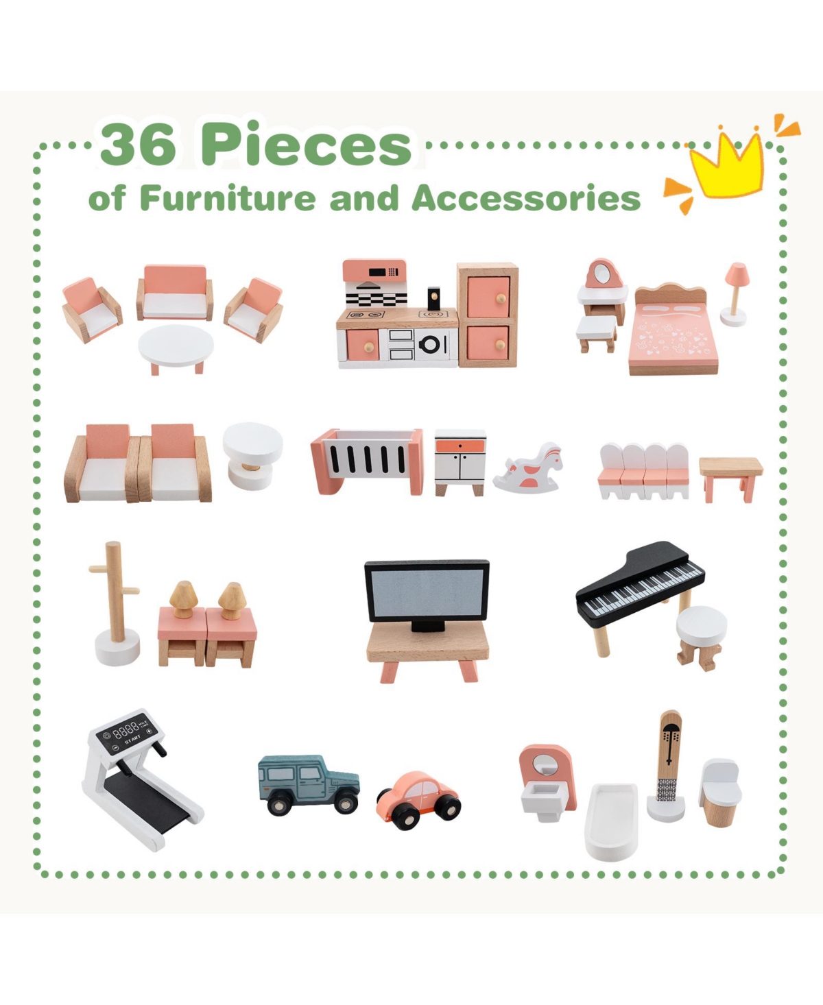 Hongge Wooden Corner Dollhouse Playset with 6 Rooms and 36 Pieces for Kids 3+ Years Old- Green