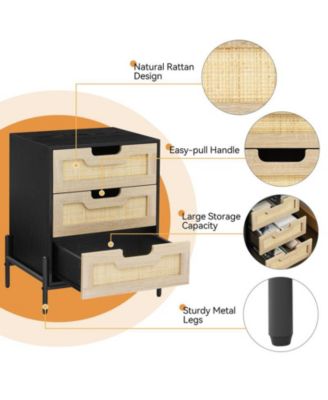 Rattan Nightstand, Black Nightstand with 3 Natural Rattan Drawers, Boho Mid Century Modern Bedside Table, Stylish End Table, and Functional Side Table Cabinet with Storage Drawers for Bedroom