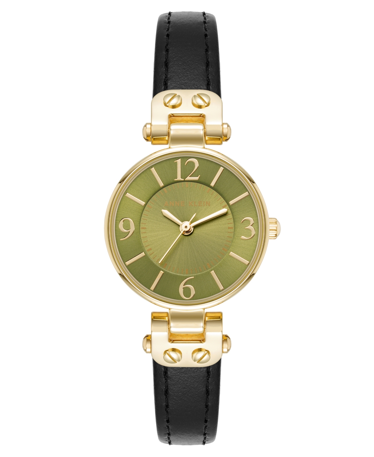 Anne Klein Women's Quartz Black Essential Leather And Gold-tone Alloy Metal Strap Watch, 26mm In Black,green,gold-tone