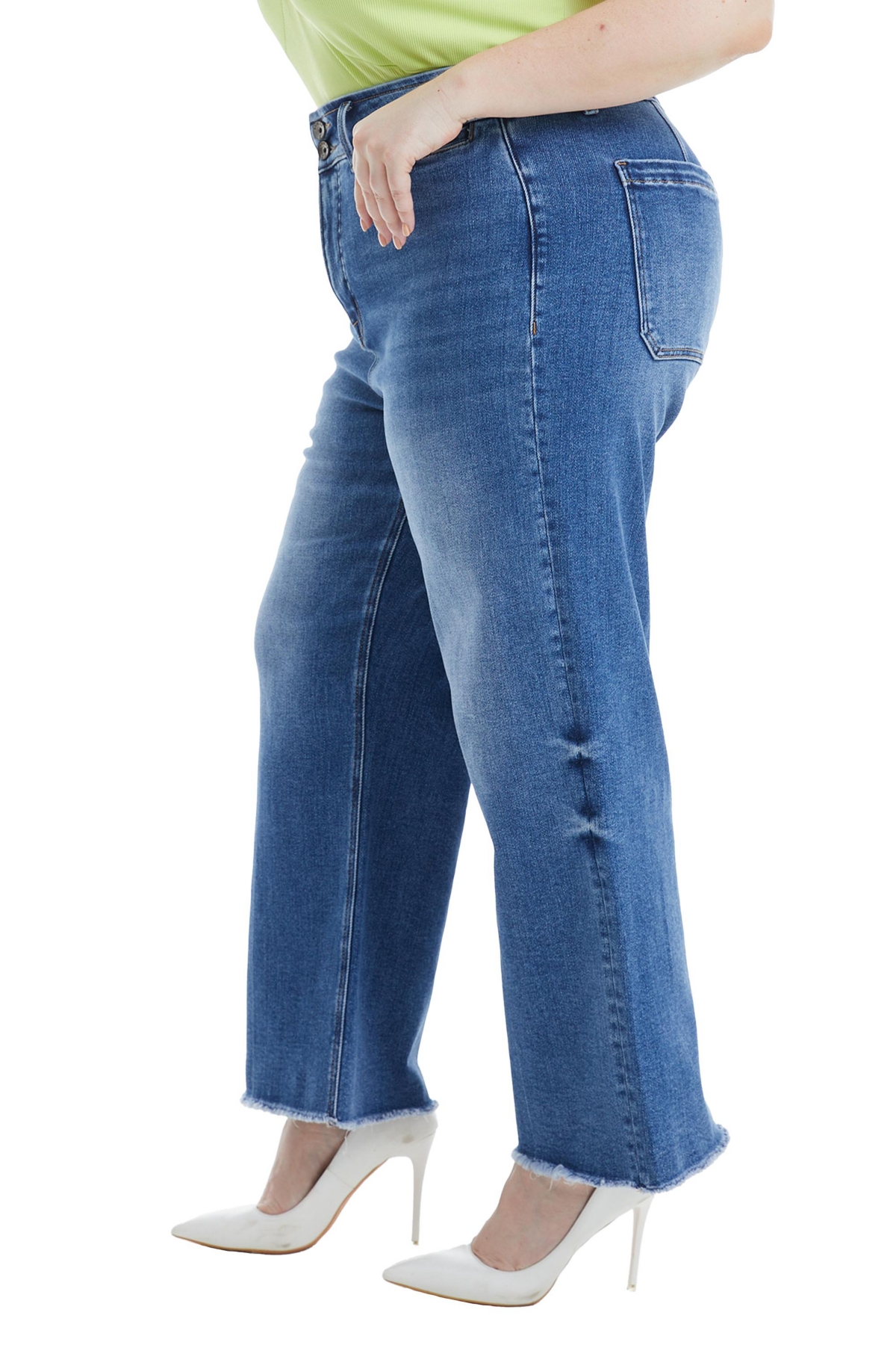 Bayeas Plus Size High Rise Wide Leg Jeans With Raw Hem In Medium Blue