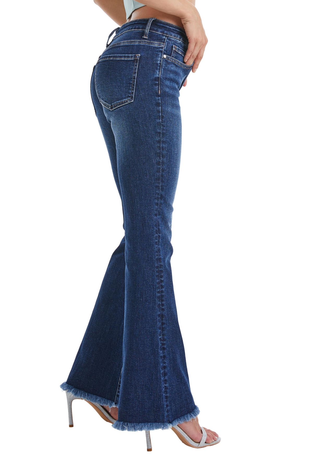 BAYEAS WOMEN'S HIGH RISE FLARE JEANS WITH FRAYED HEM 