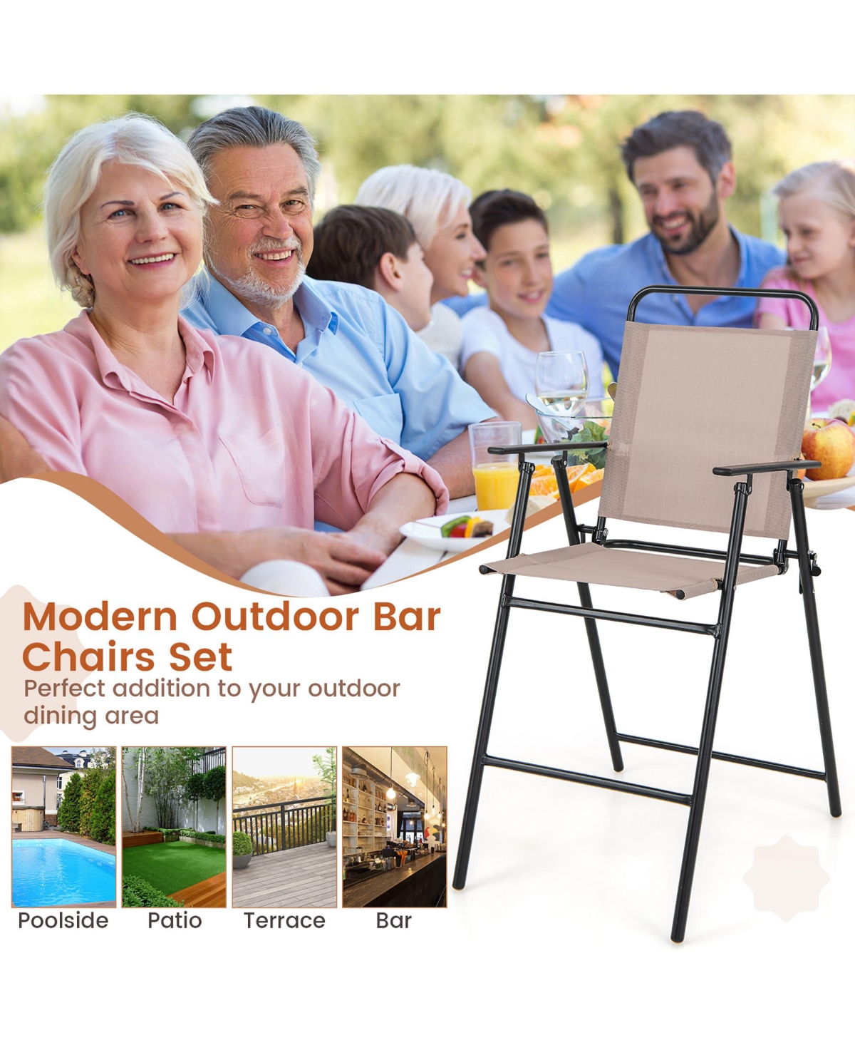 Gymax Outdoor Folding Bar Chair Set of 2 Patio Dining Chairs w/ Breathable Fabric - beige+black