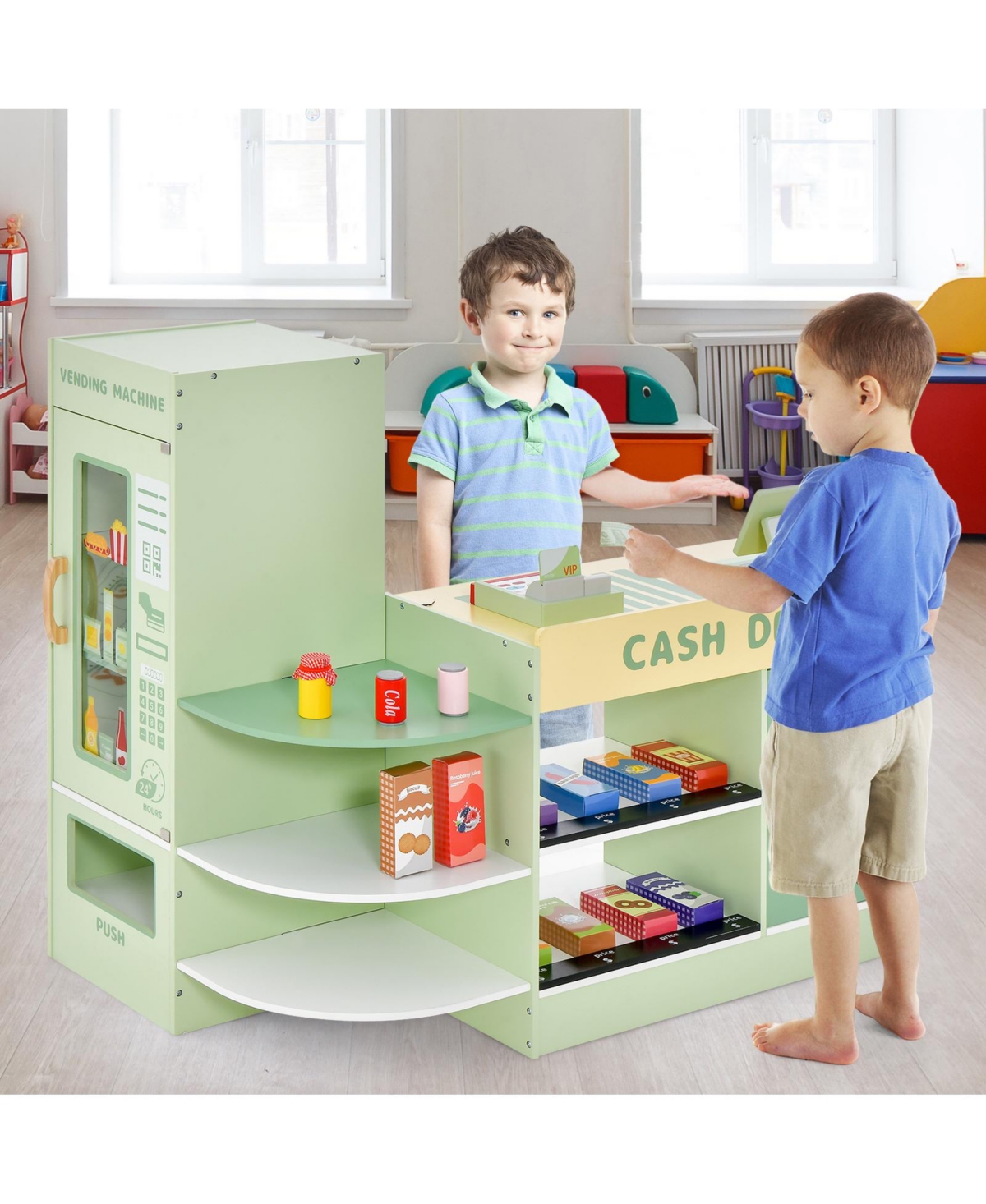 Hongge Kids Wooden Supermarket Play Toy Set with Checkout Counter- Green