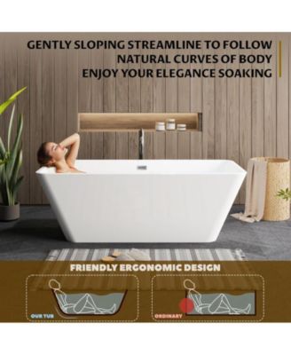 66" Acrylic Freestanding Bathtub, Square Contemporary Soaking Tub with Chrome Drain & Linear Overflow, CUPC Certified